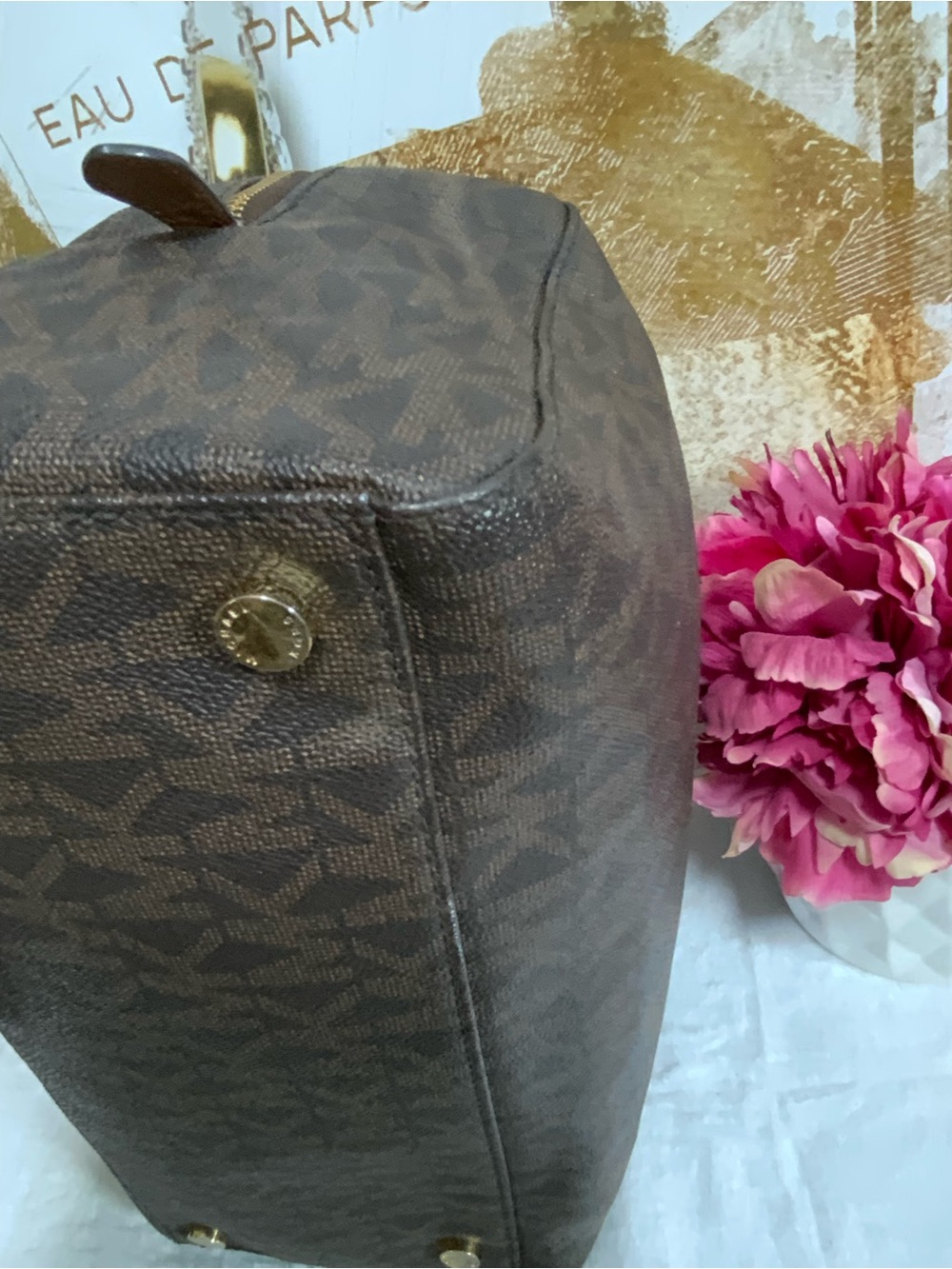 Michael Kors Dark Brown Monogram Satchel with Tan Handles - Picture 9 of 14
